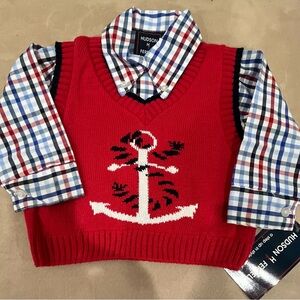 NWT boy Hudson Ferrell 2 pc Red Anchor Sweater Vest with Checkered Shirt
